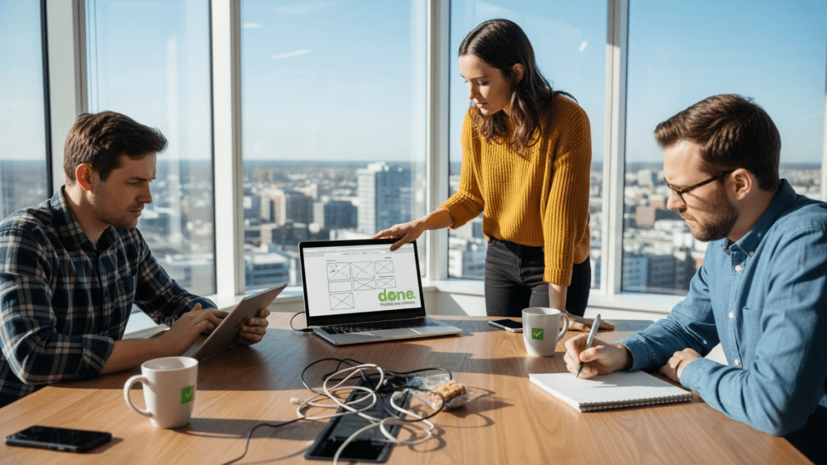 Team working on website in bright office