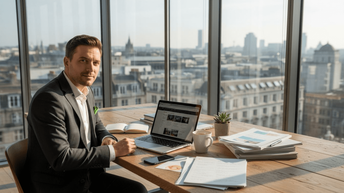 Business professional updating portfolio website