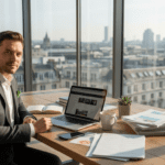 Business professional updating portfolio website