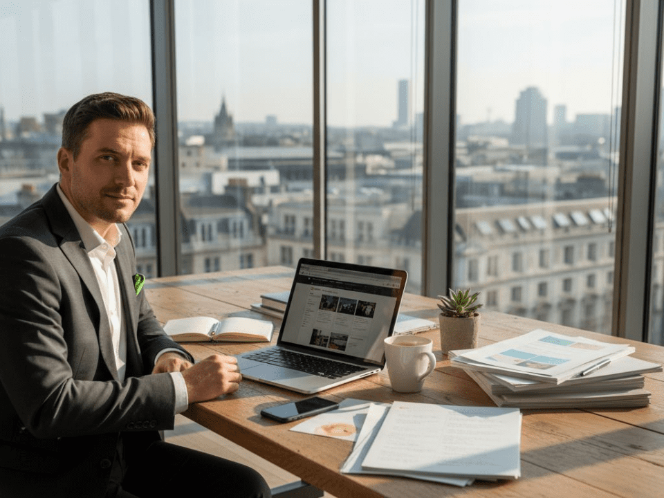 Business professional updating portfolio website