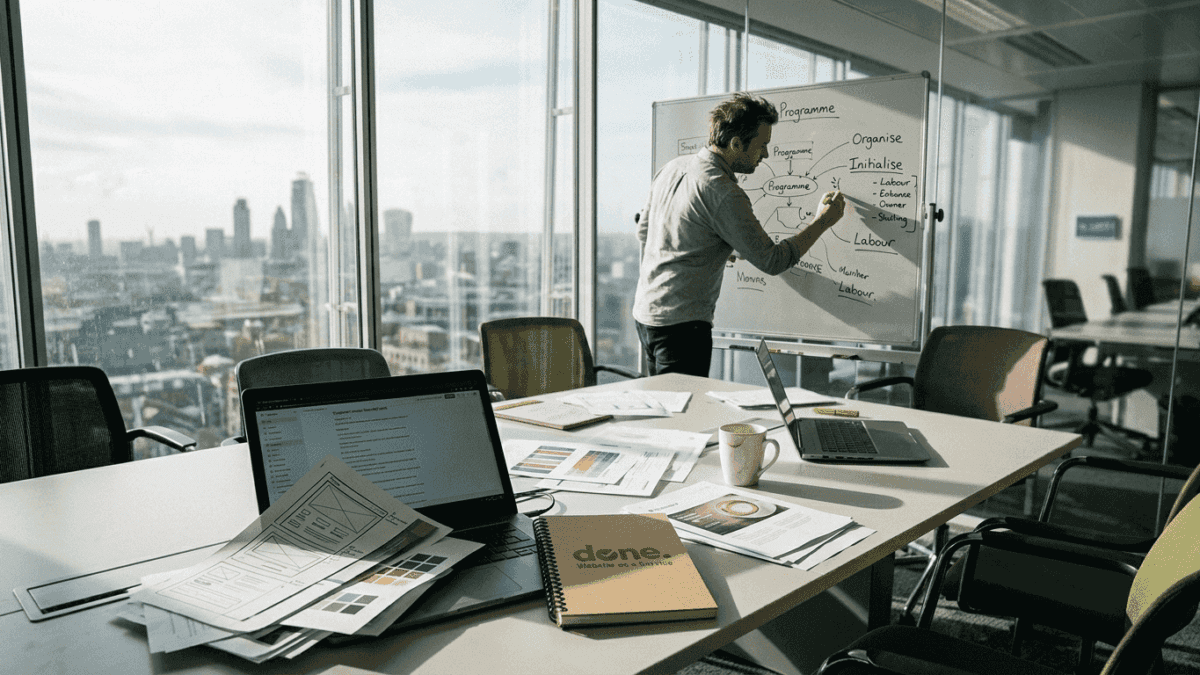 Project manager planning website on whiteboard