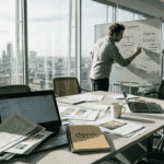 Project manager planning website on whiteboard