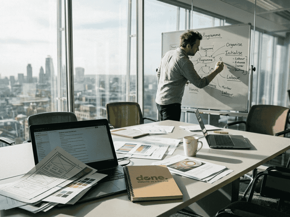 Project manager planning website on whiteboard