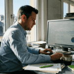 Business owner checks SEO analytics in office