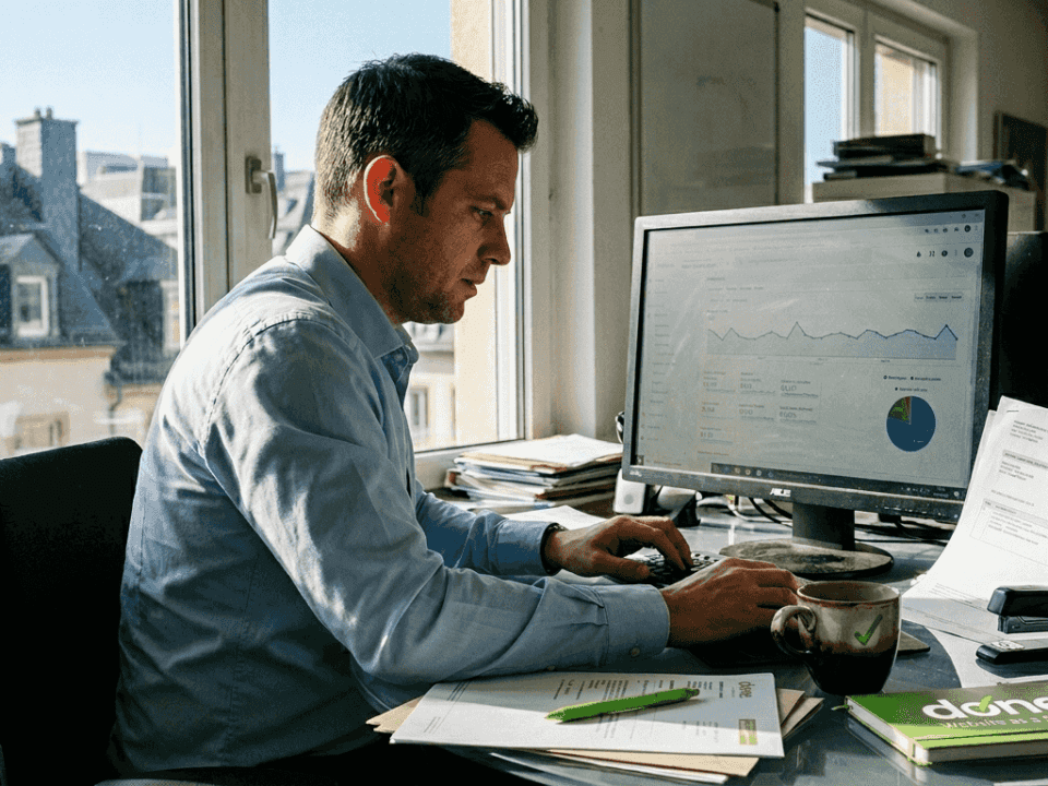 Business owner checks SEO analytics in office