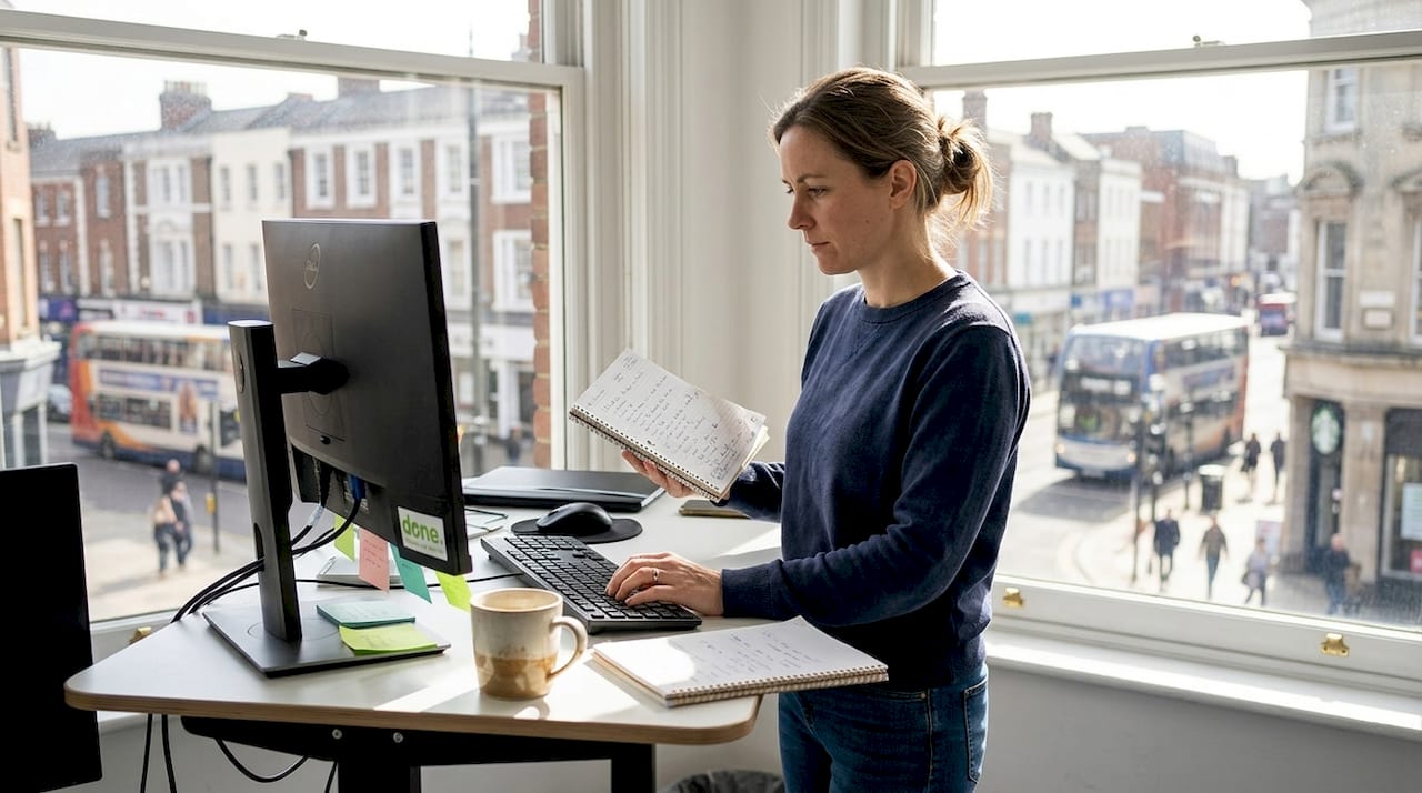 Business owner at desk assessing digital tools