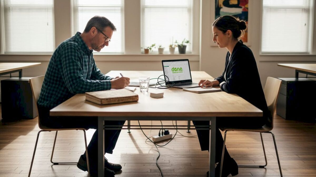 SMB owner and AI consultant meeting in bright office