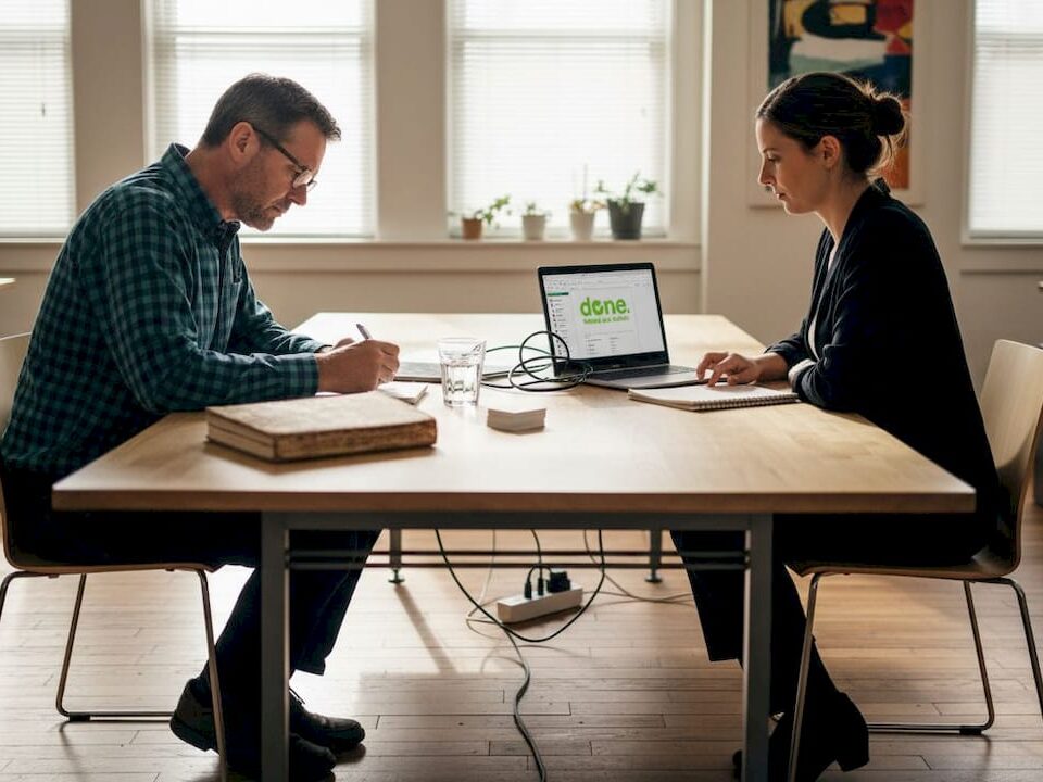 SMB owner and AI consultant meeting in bright office