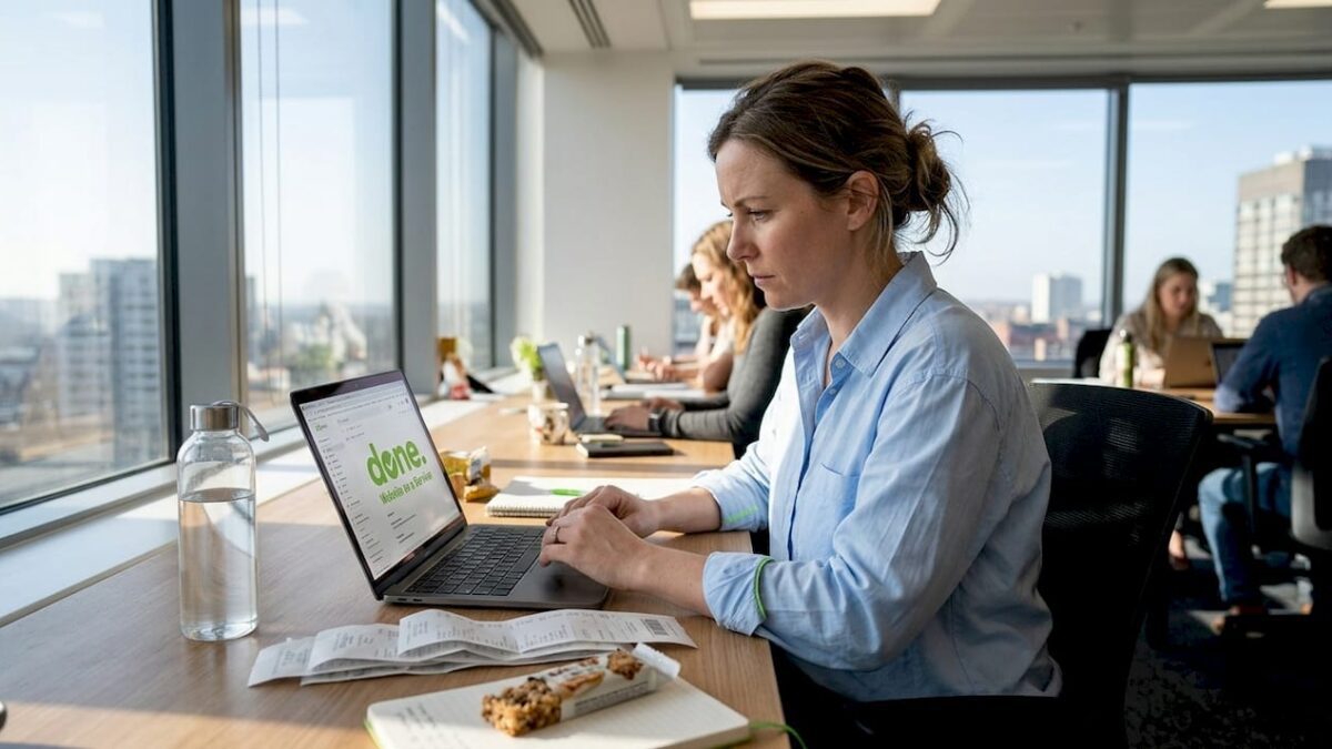 Small business owner using AI tools at desk