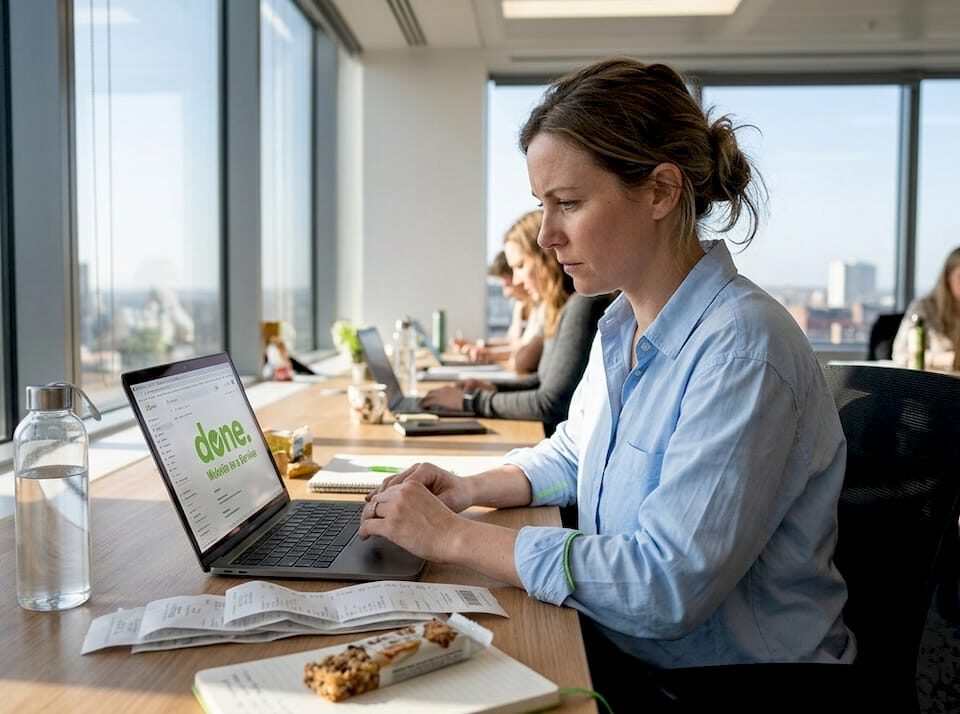 Small business owner using AI tools at desk