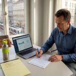 Business owner reviewing GDPR checklist in city office