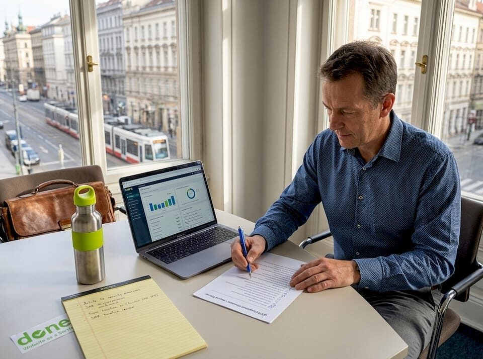 Business owner reviewing GDPR checklist in city office