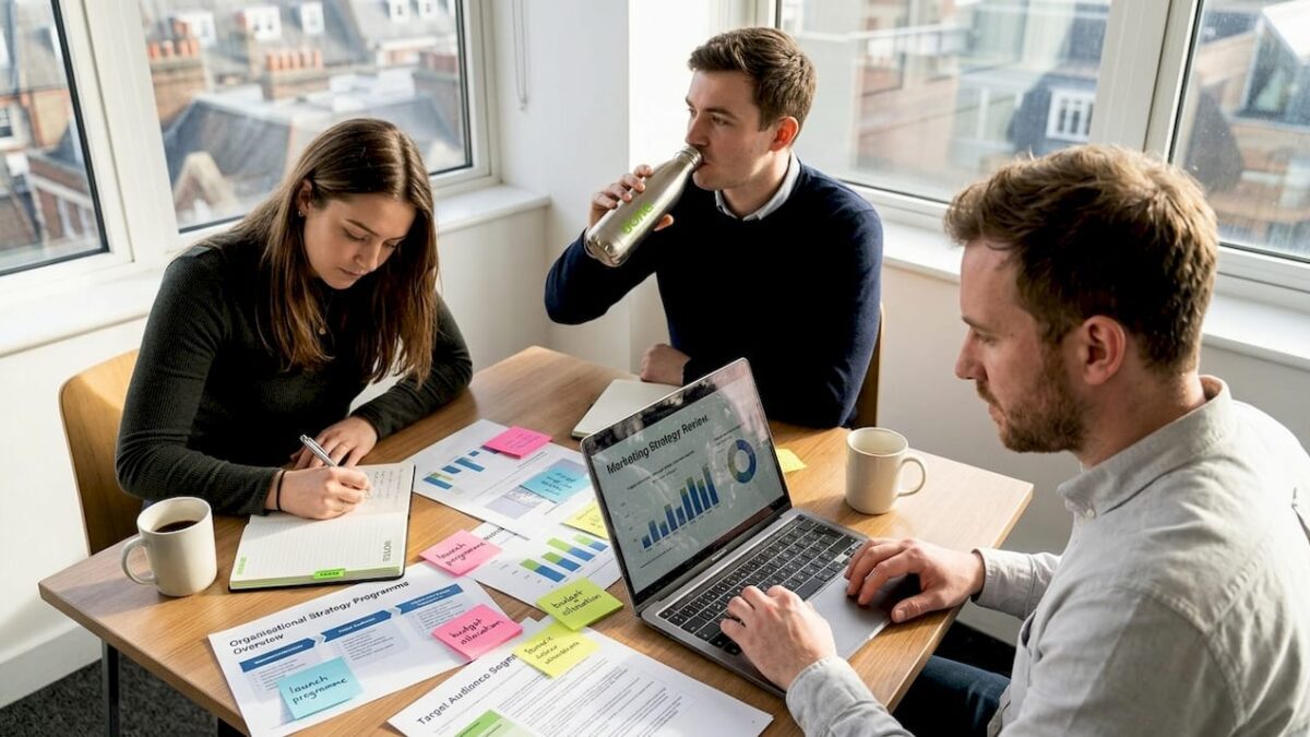 Startup team planning digital marketing strategy