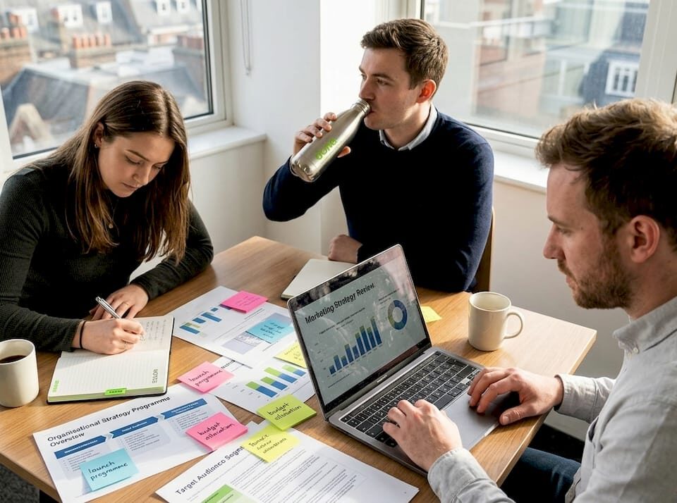 Startup team planning digital marketing strategy