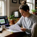 Woman reviewing ecommerce branding materials at home