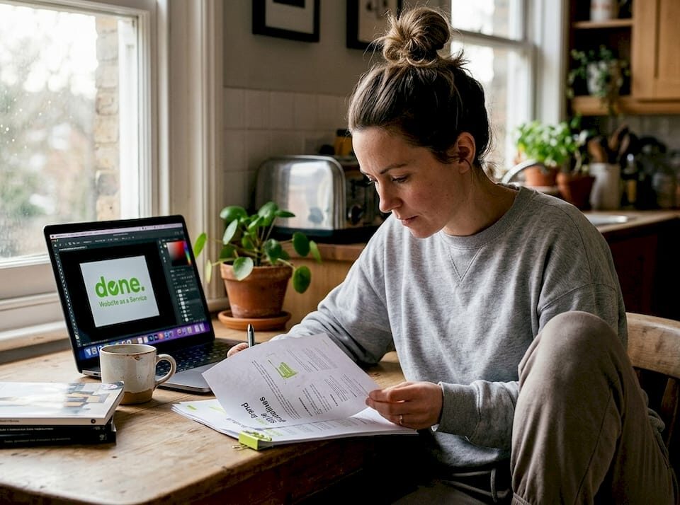Woman reviewing ecommerce branding materials at home