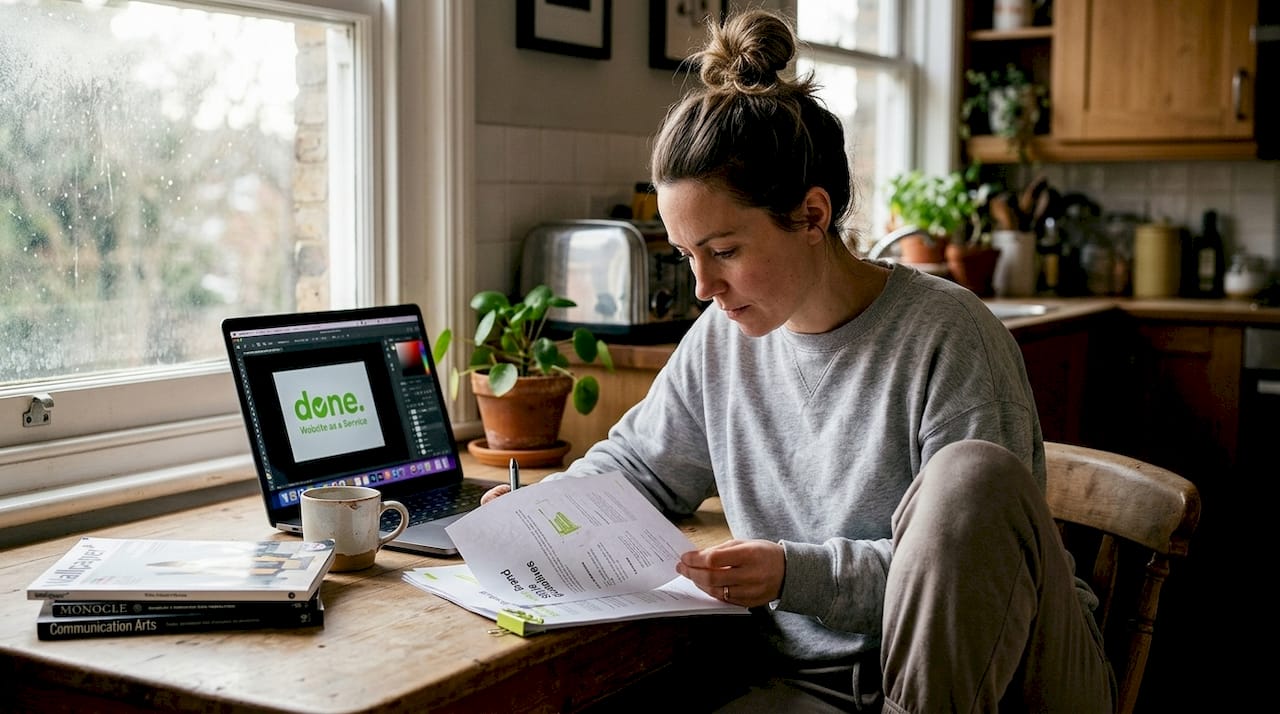 1774851042605_Woman-reviewing-ecommerce-branding-materials-at-home Woman reviewing ecommerce branding materials at home