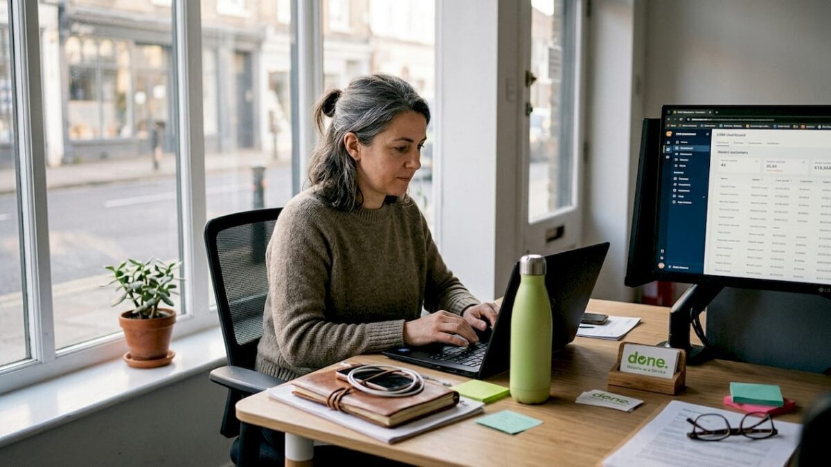 Business owner using laptop for email automation