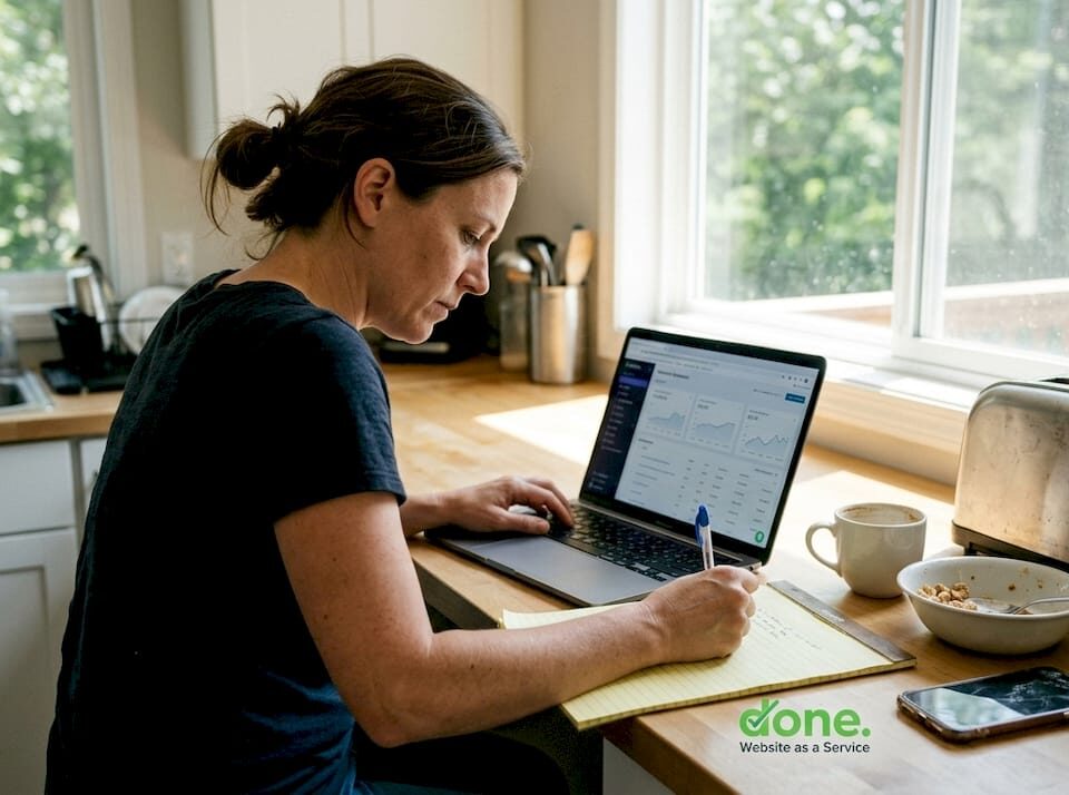 Small business owner working at kitchen counter