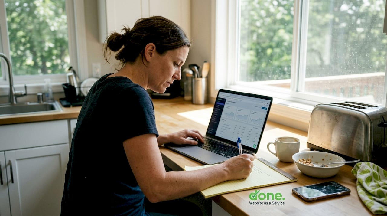 Small business owner working at kitchen counter