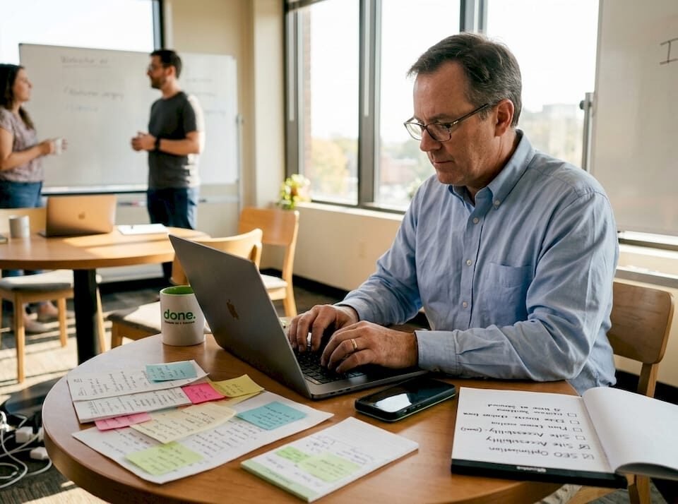 Small business owner reviews website accessibility checklist