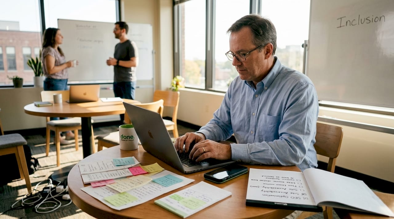 Small business owner reviews website accessibility checklist