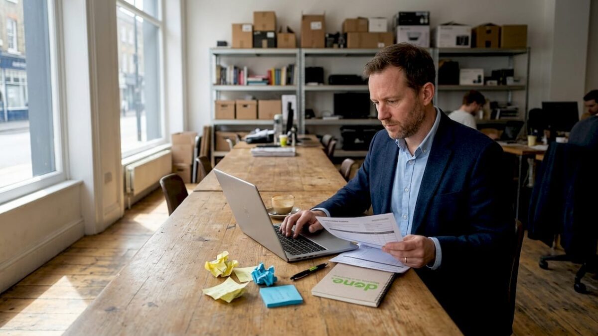 Business owner working in coworking space with laptop