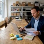 Business owner working in coworking space with laptop