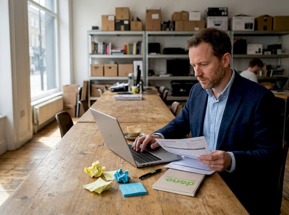 Business owner working in coworking space with laptop