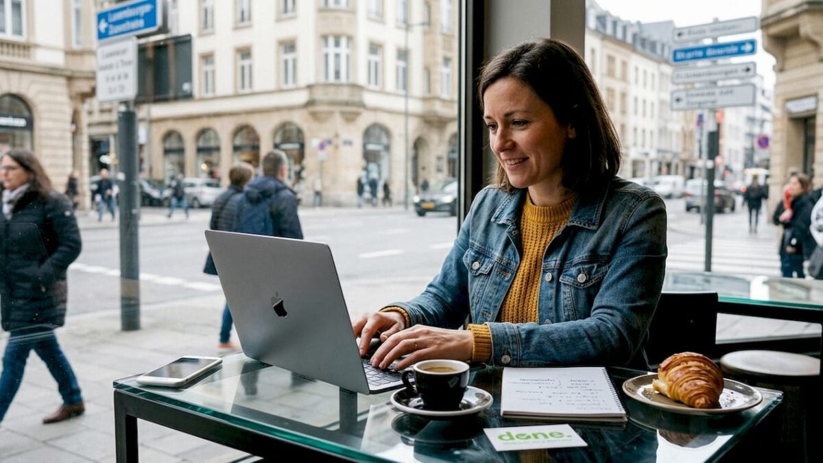 Small business owner managing social media in café