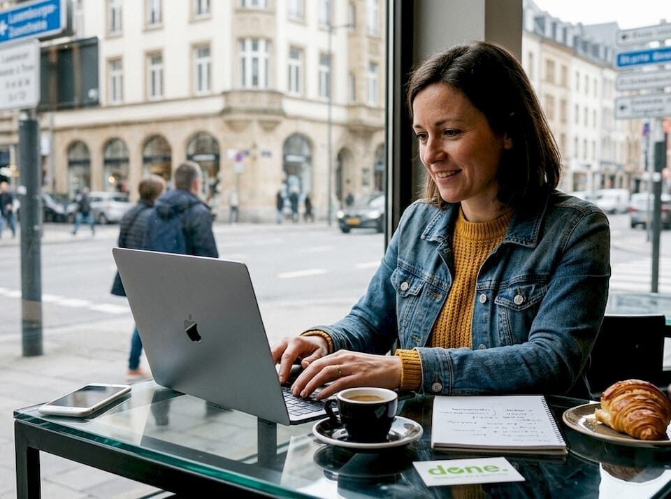 Small business owner managing social media in café
