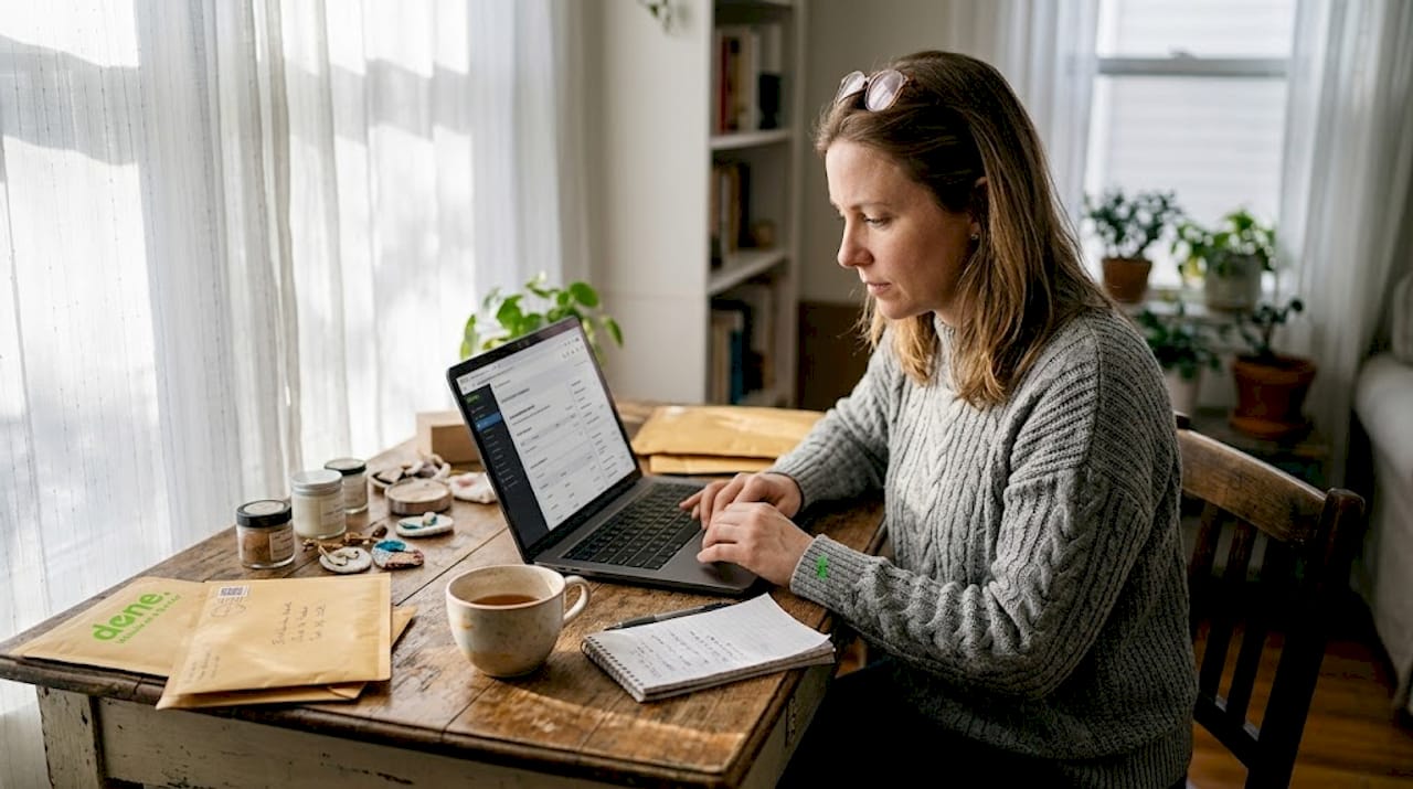 SMB owner updating ecommerce site at home