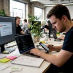 Developer reviews code in open tech workspace
