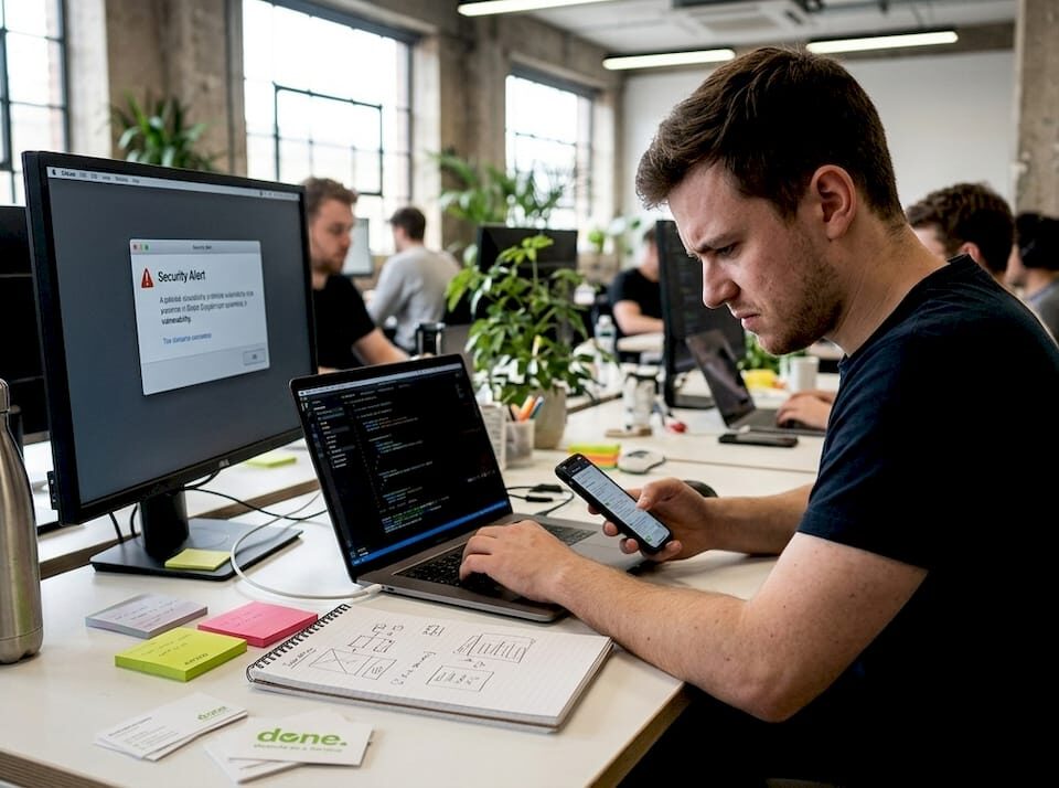 Developer reviews code in open tech workspace