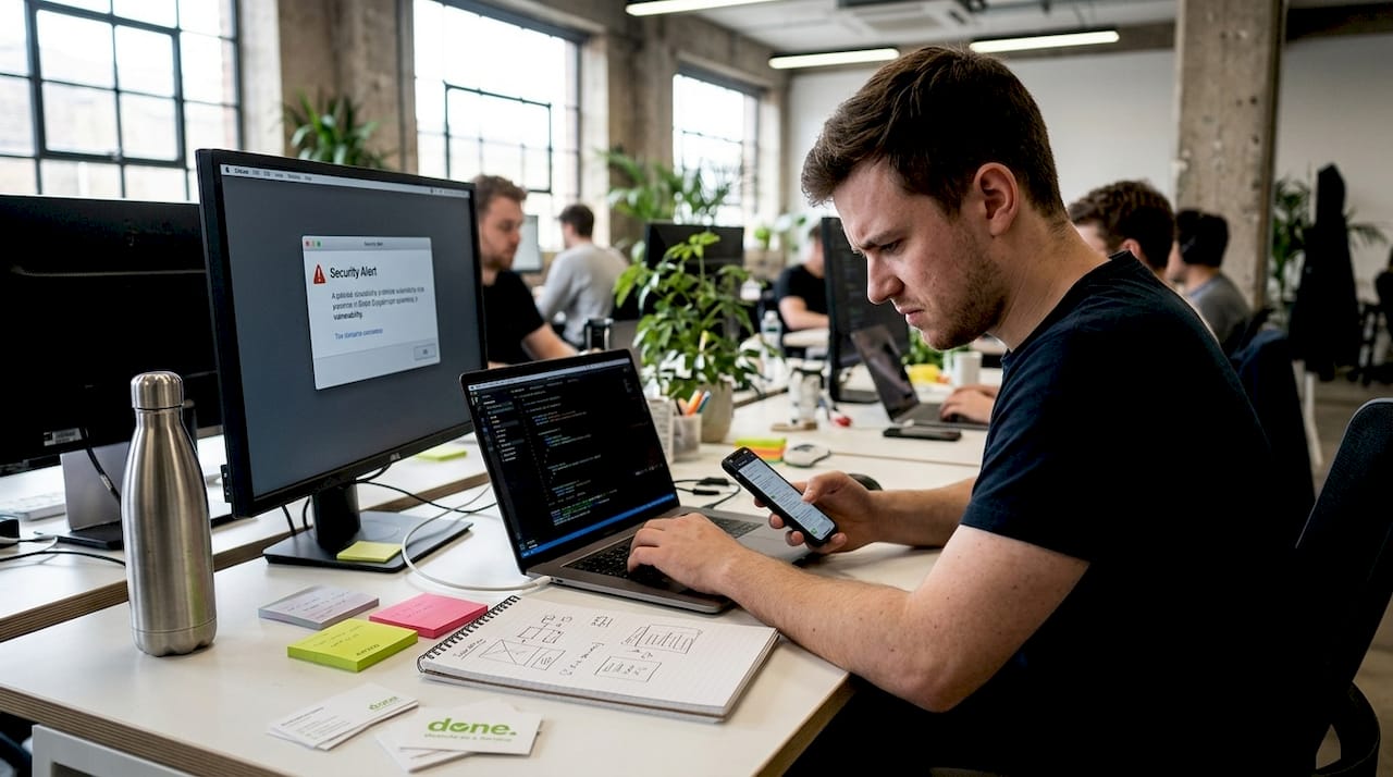 Developer reviews code in open tech workspace