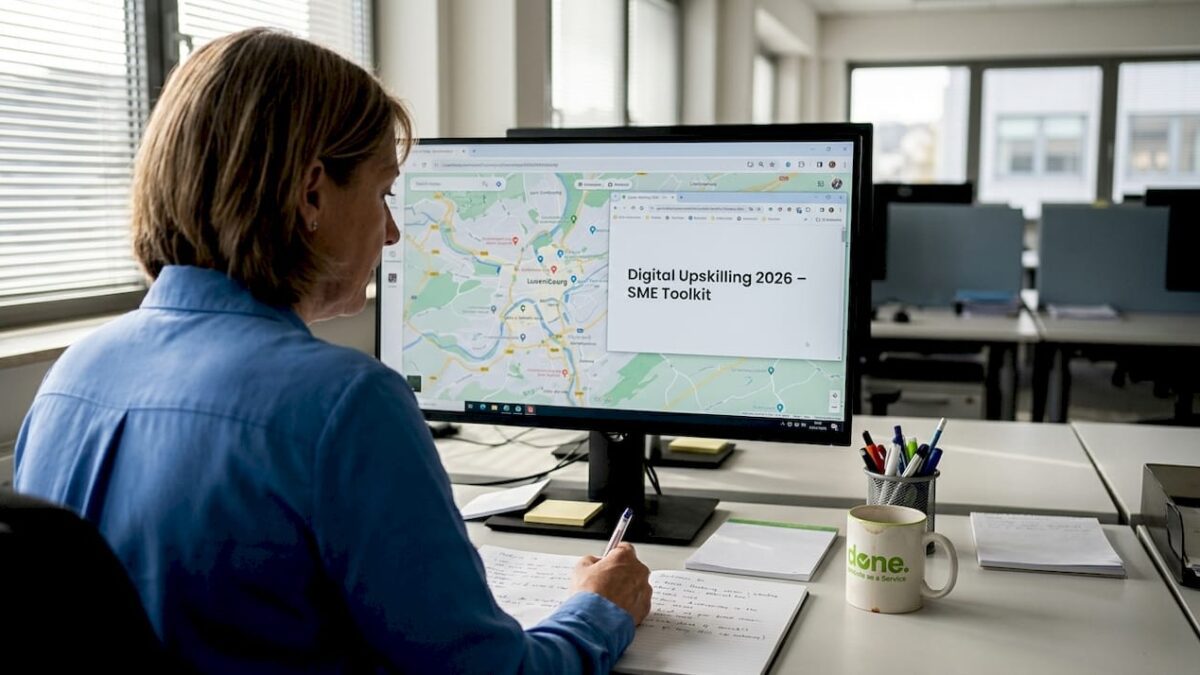 Business owner in office attending digital training