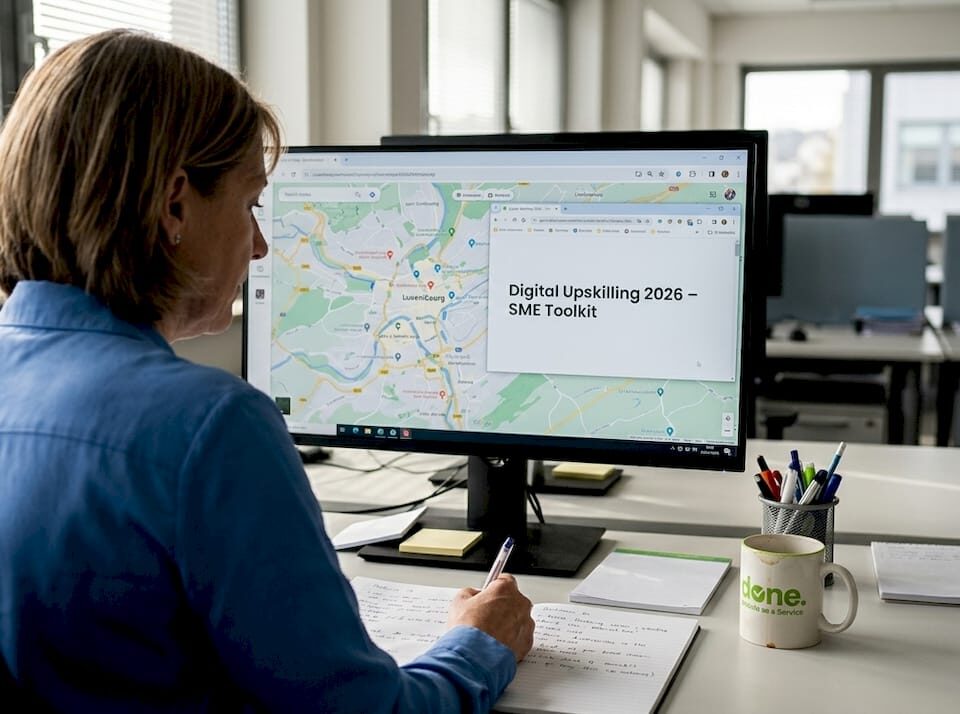 Business owner in office attending digital training