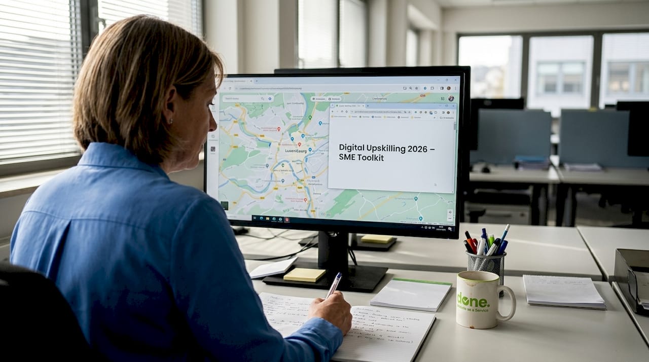 Business owner in office attending digital training