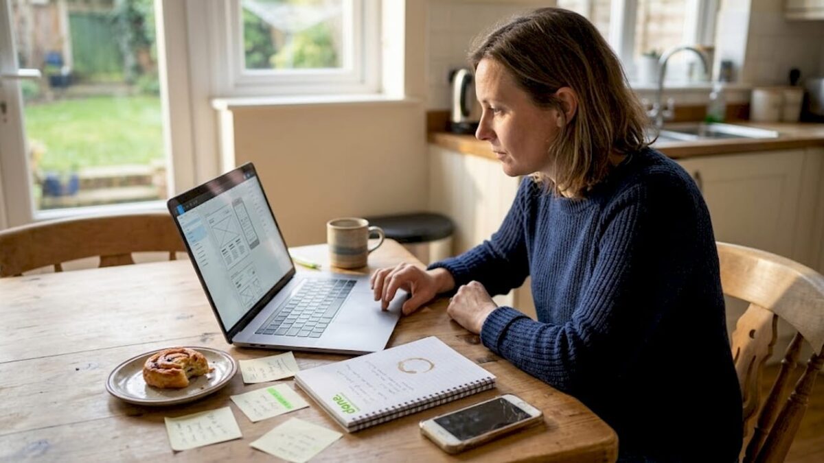 SME owner reviewing UX wireframes at kitchen table