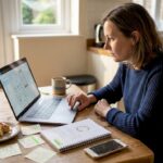 SME owner reviewing UX wireframes at kitchen table