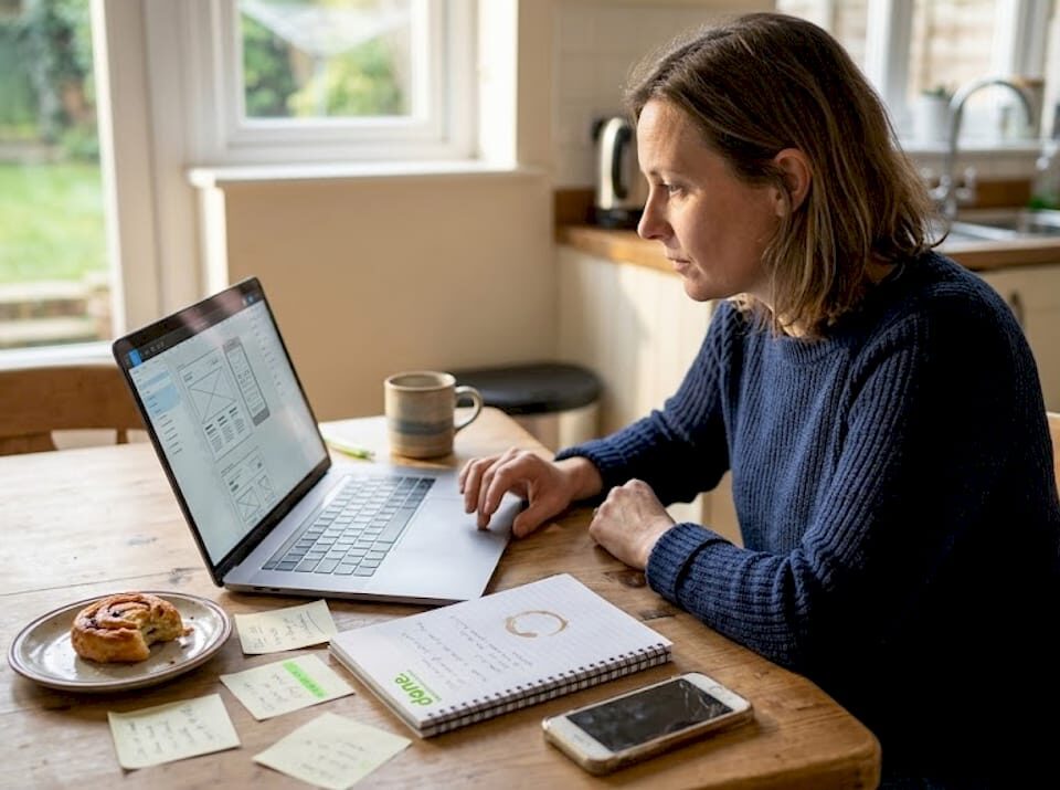 SME owner reviewing UX wireframes at kitchen table