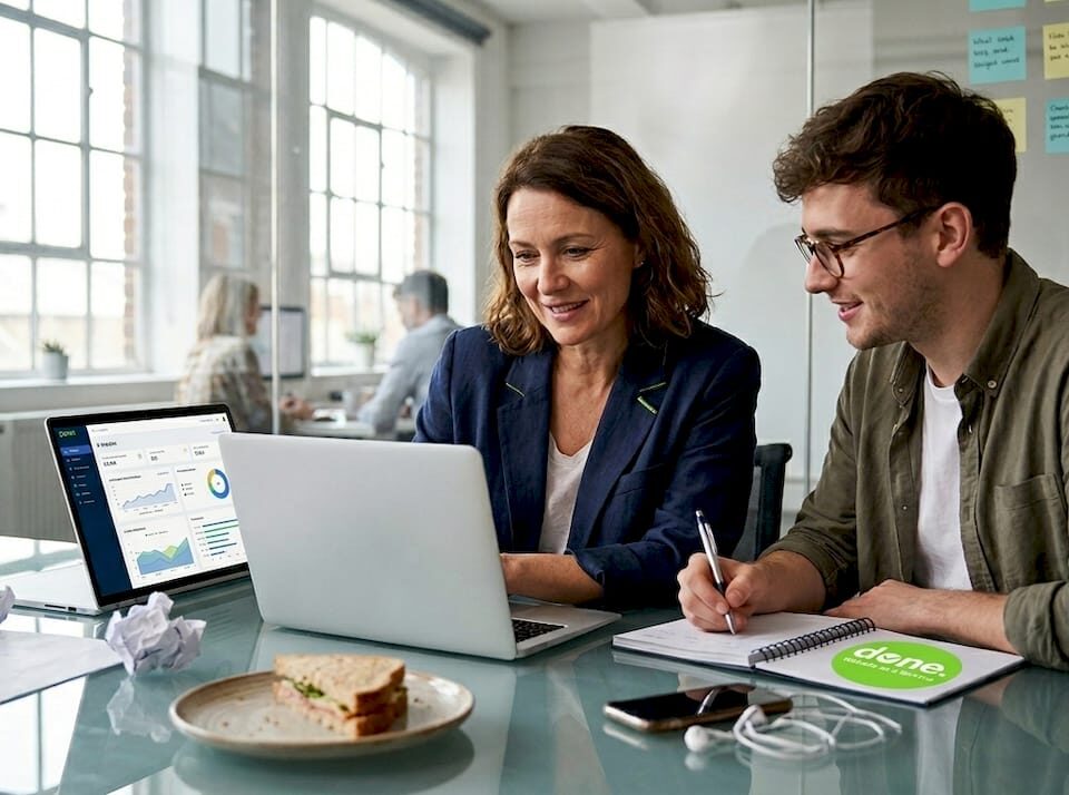 Small business team reviewing AI analytics