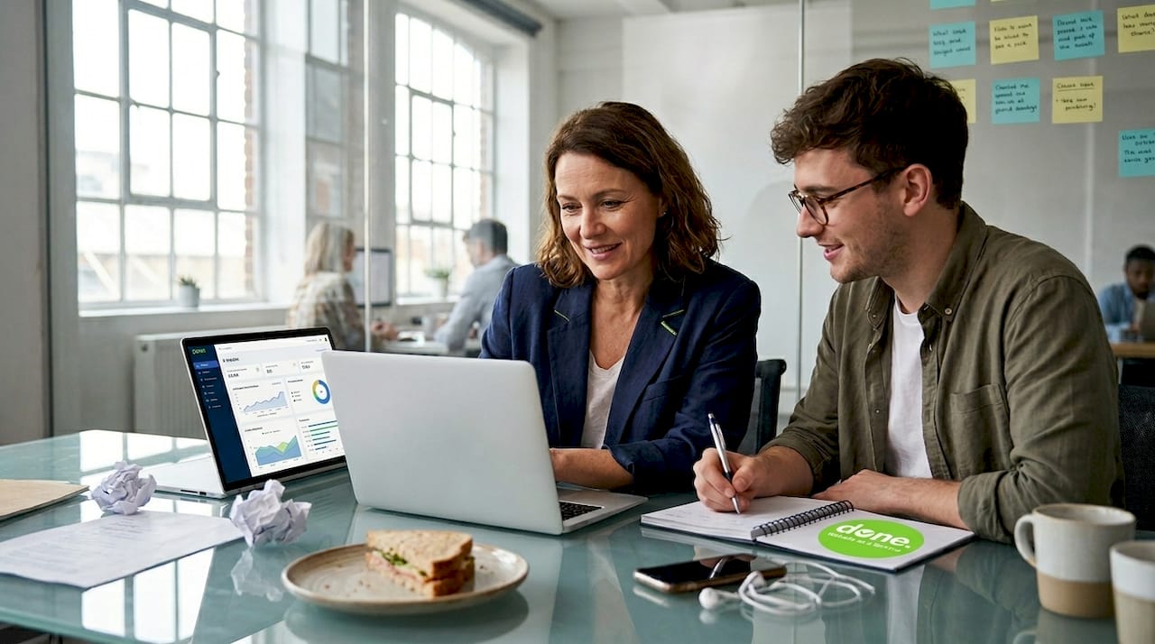 Small business team reviewing AI analytics