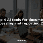 Team collaborating on document processing in corner office