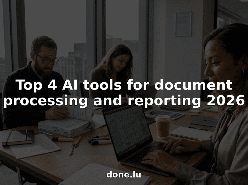 Team collaborating on document processing in corner office