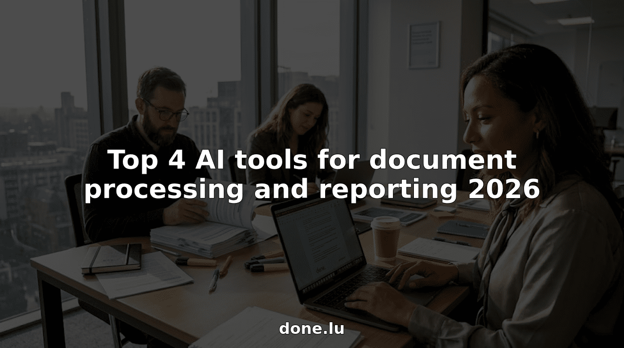 Team collaborating on document processing in corner office