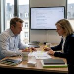 Team reviewing SEO strategy report in city office