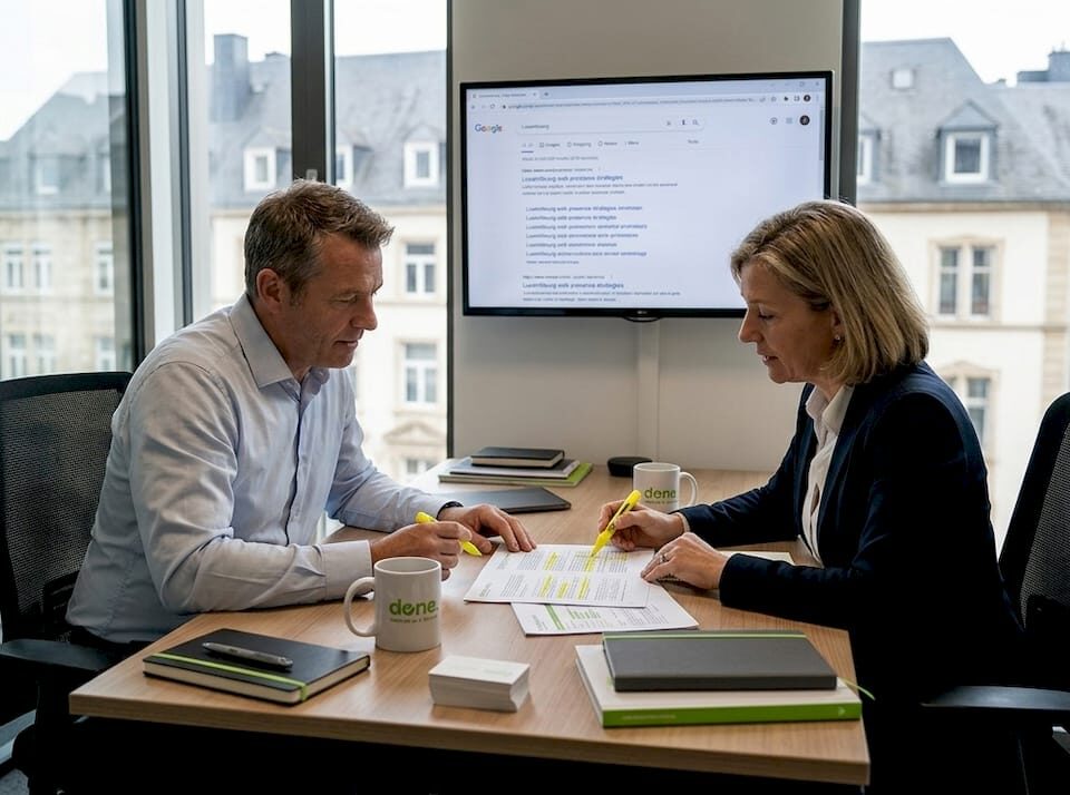 Team reviewing SEO strategy report in city office