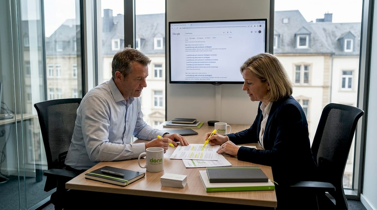 Team reviewing SEO strategy report in city office