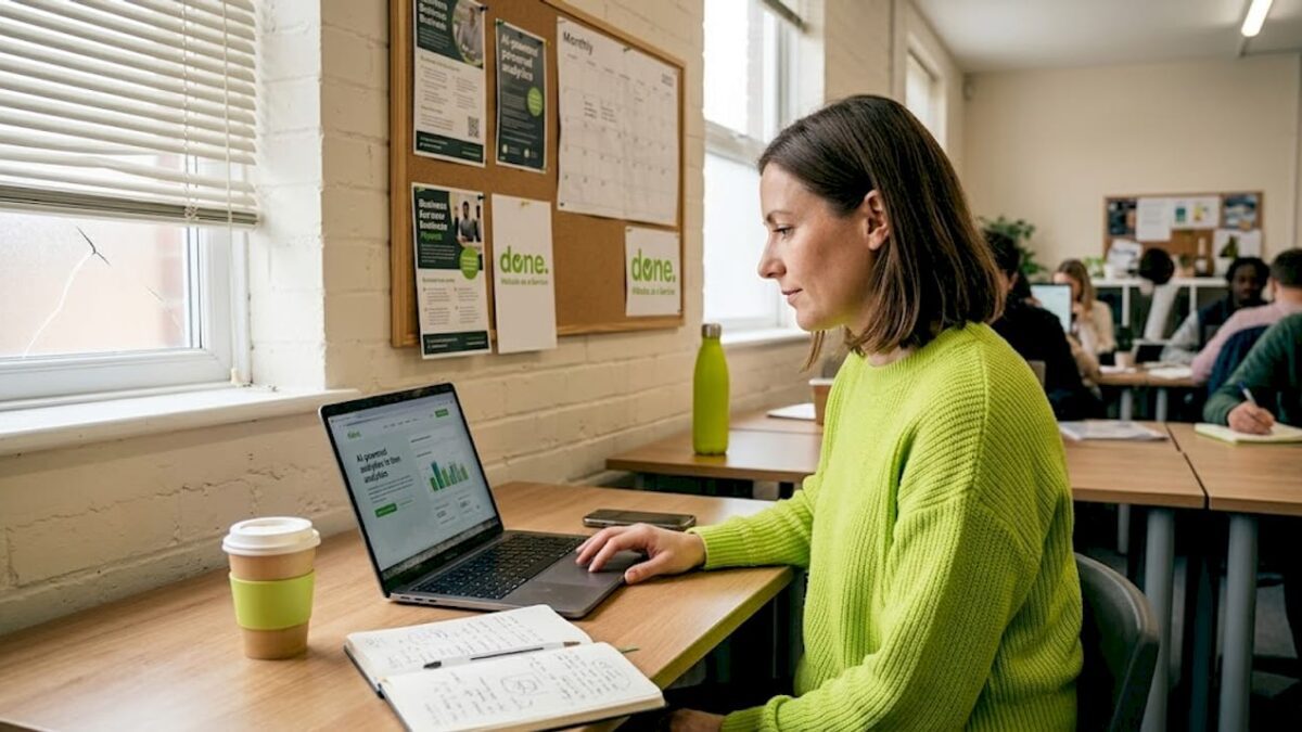 Businesswoman reviewing AI analytics at shared desk